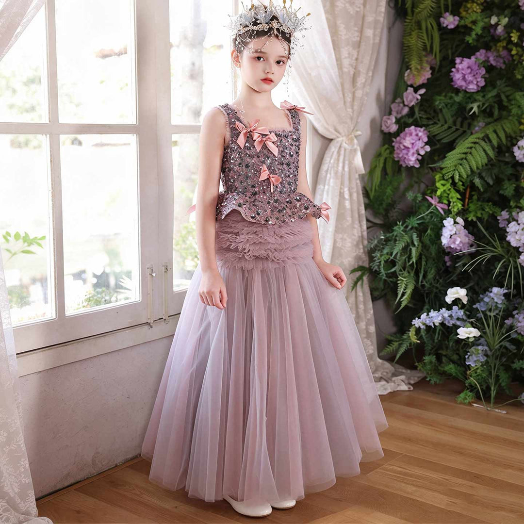 J121 Dusty Pink sequin bow princess ball gown flower girl dress full front view