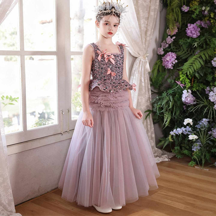 J121 Dusty Pink sequin bow princess ball gown flower girl dress full front view