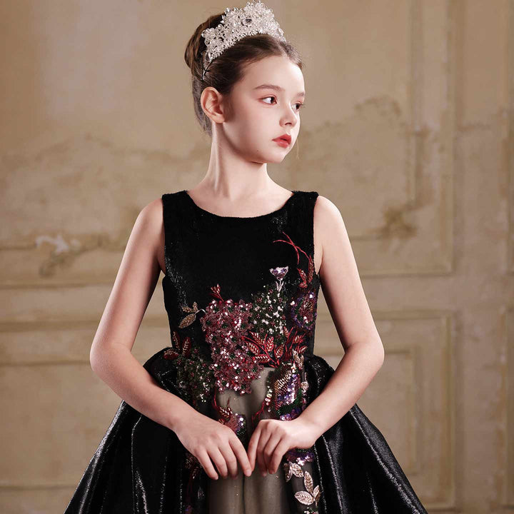J126 Black floral embroidered flower girl dress side pose