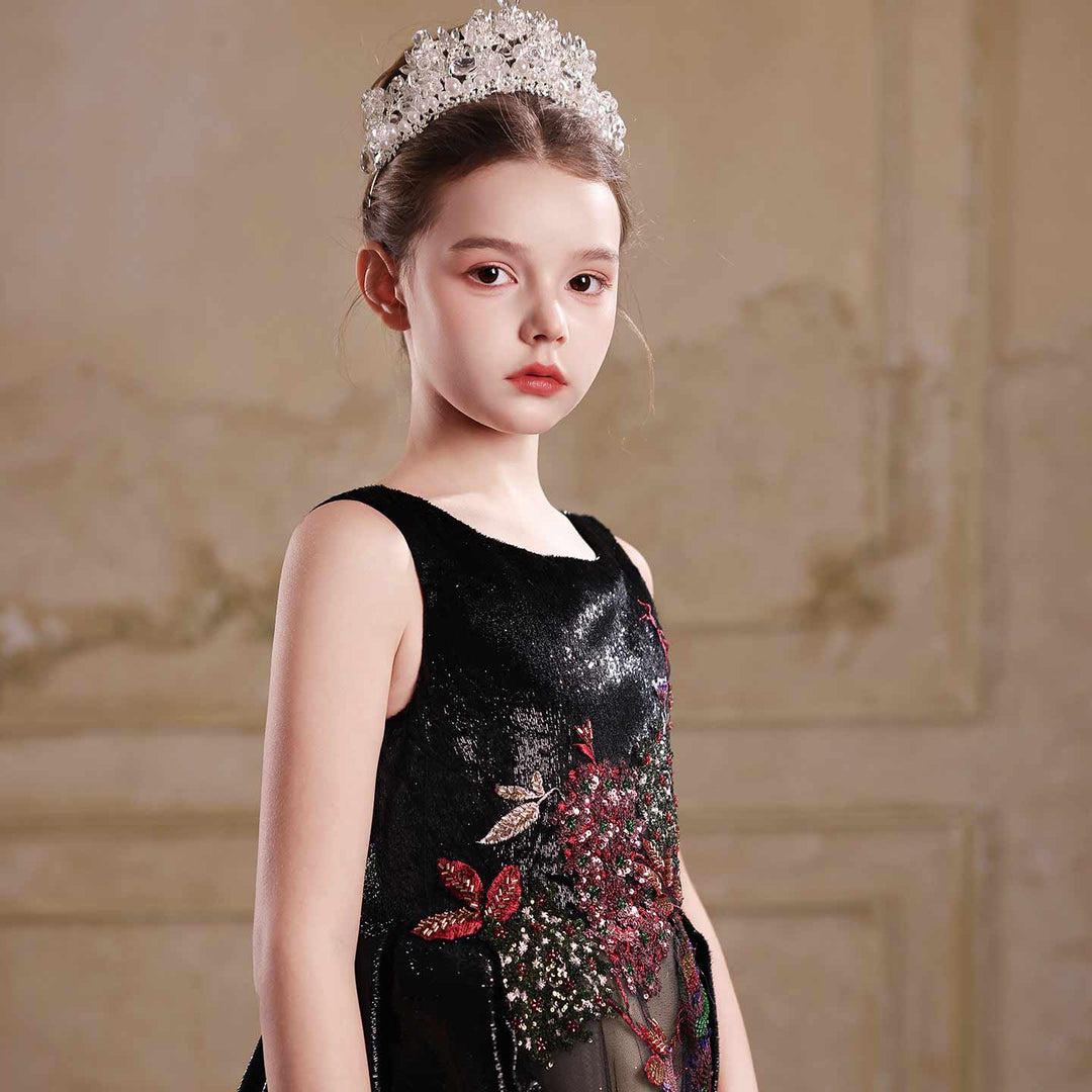 J126 Black princess ball gown flower girl dress detail