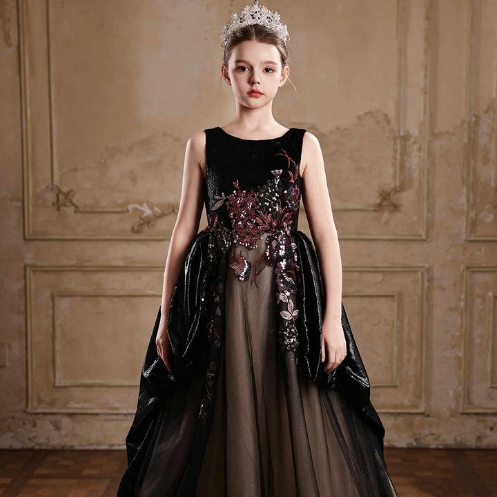 J126 Black sequin cape princess ball gown flower girl dress front view