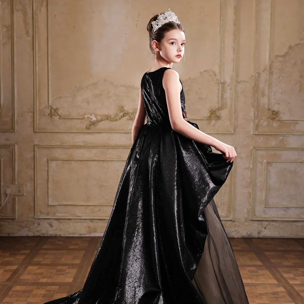 J126 Black sequin floral flower girl dress front pose