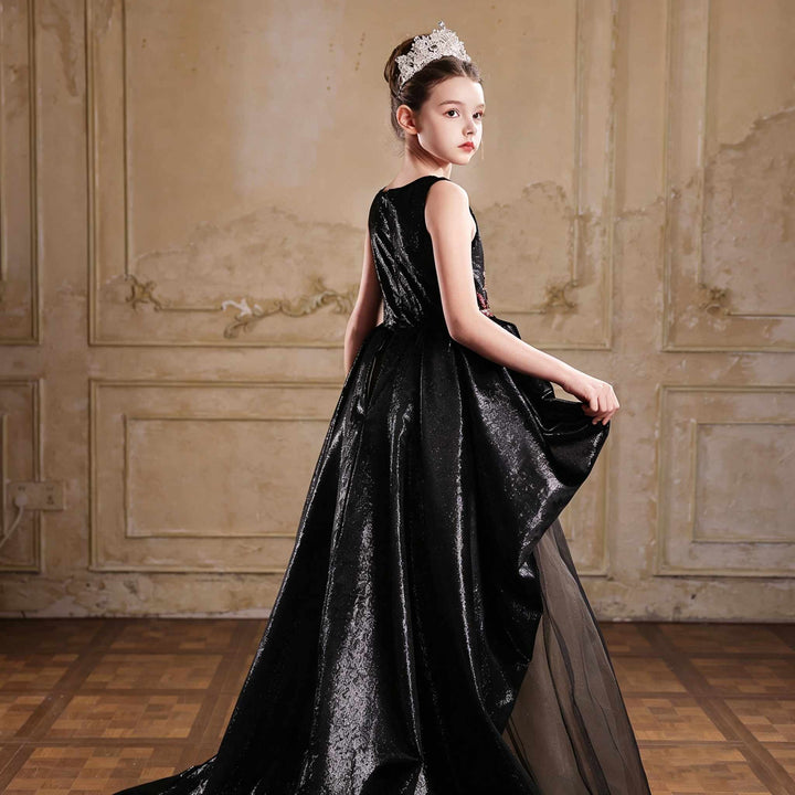 J126 Black sequin floral flower girl dress front pose