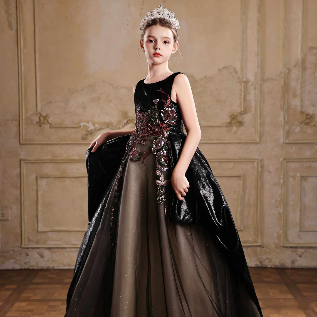 J126 Black sequin floral princess ball gown flower girl dress lifestyle view