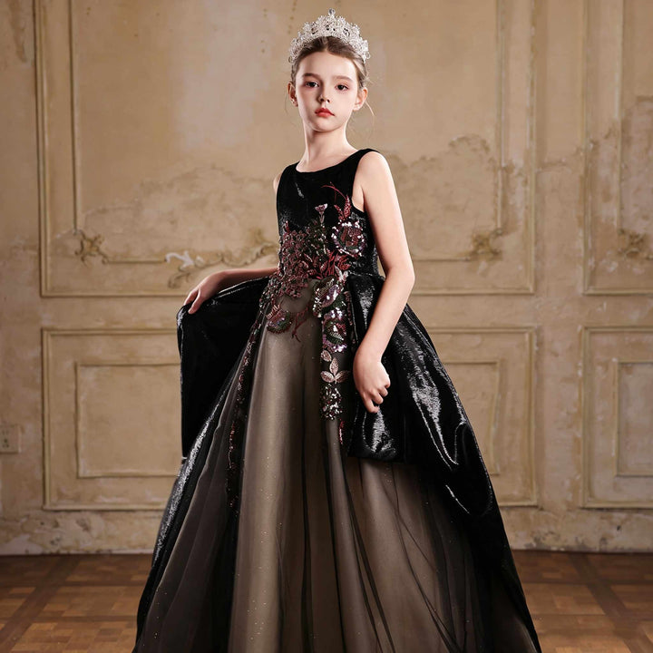 J126 Black sequin floral princess ball gown flower girl dress lifestyle view