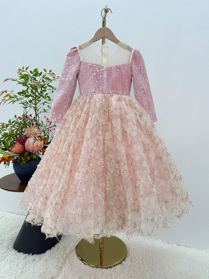 Dreamy Vow J291 Pink sequin and floral lace girls dress, back