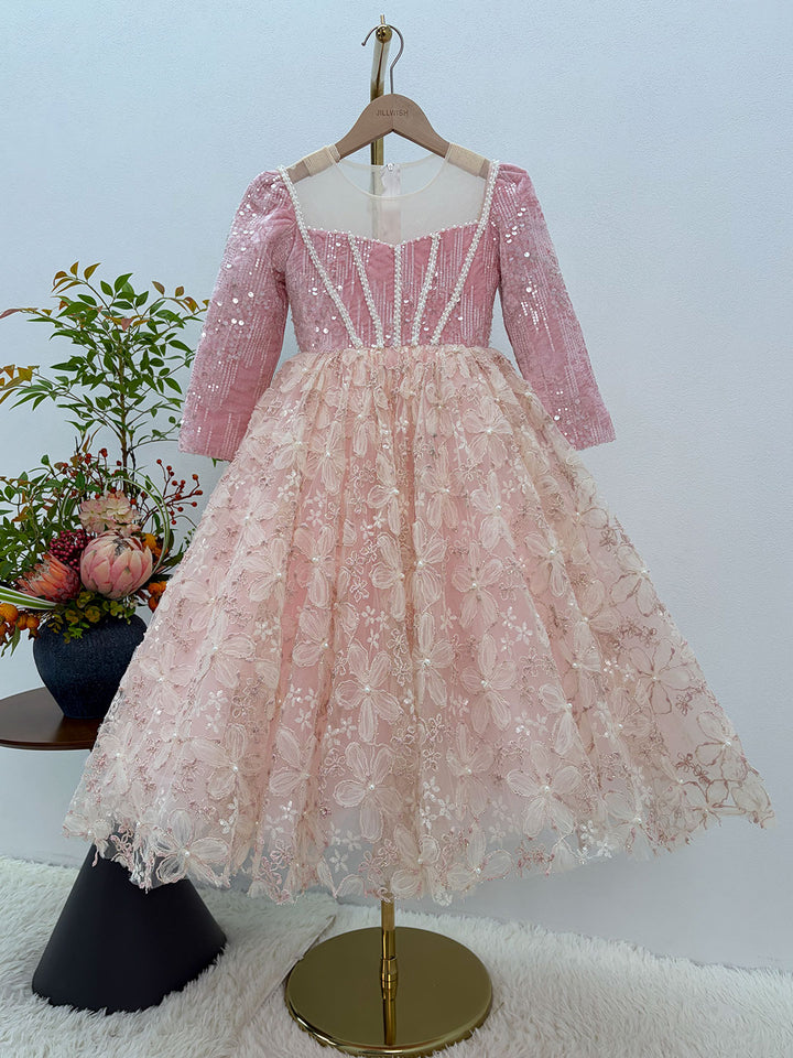Dreamy Vow J291 Pink sequin and floral lace girls dress, front