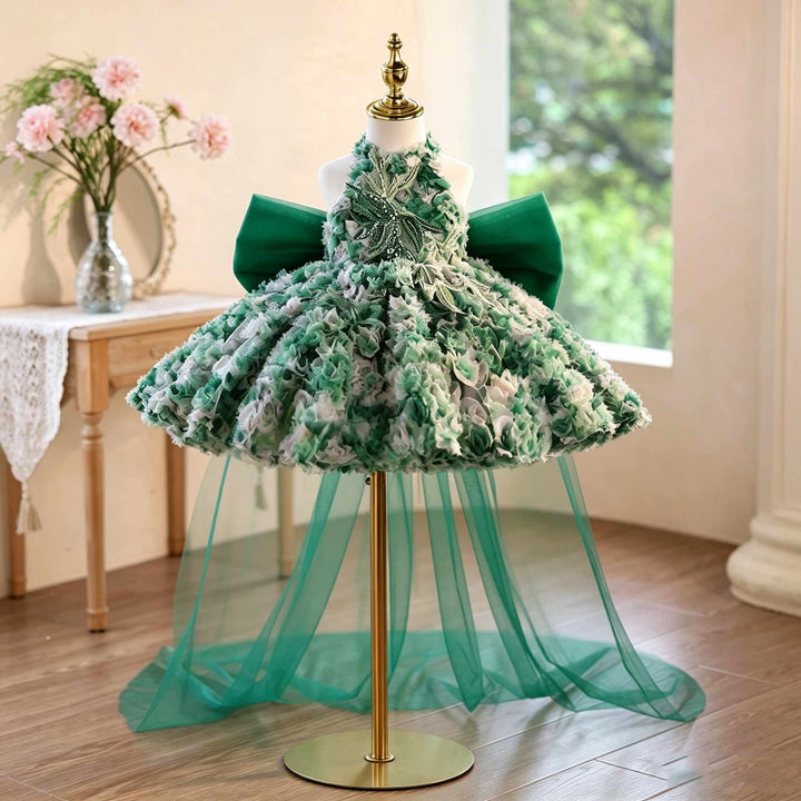 Green 3D floral halter short flower girl dress J505 main view