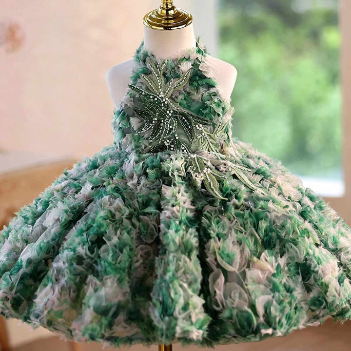 Green 3D floral flower girl dress J505 bodice detail