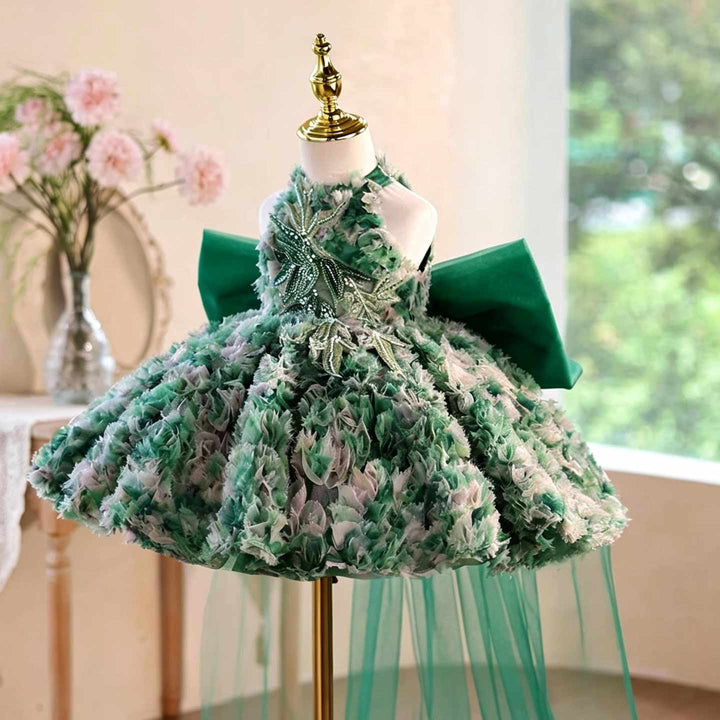 Green floral applique halter flower girl dress J505 front view