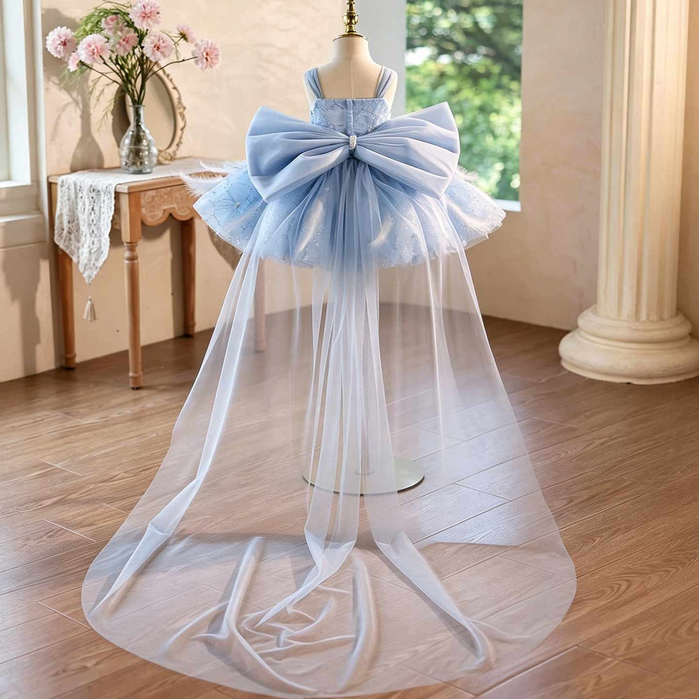 Light blue bow back short flower girl dress J506 train view
