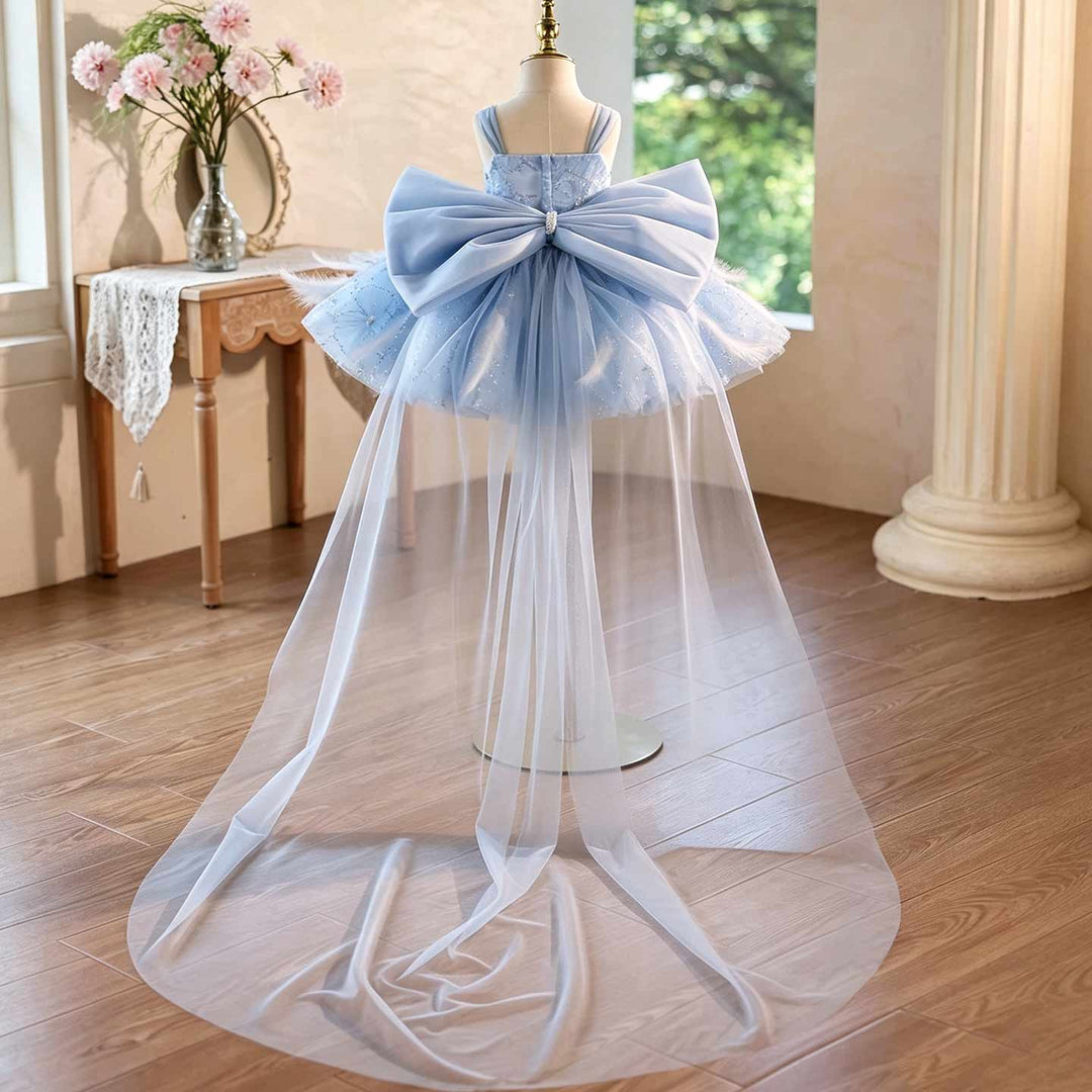 Light blue bow back short flower girl dress J506 train view
