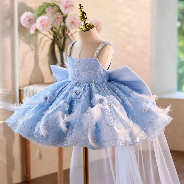 Light blue feather floral flower girl dress J506 front detail