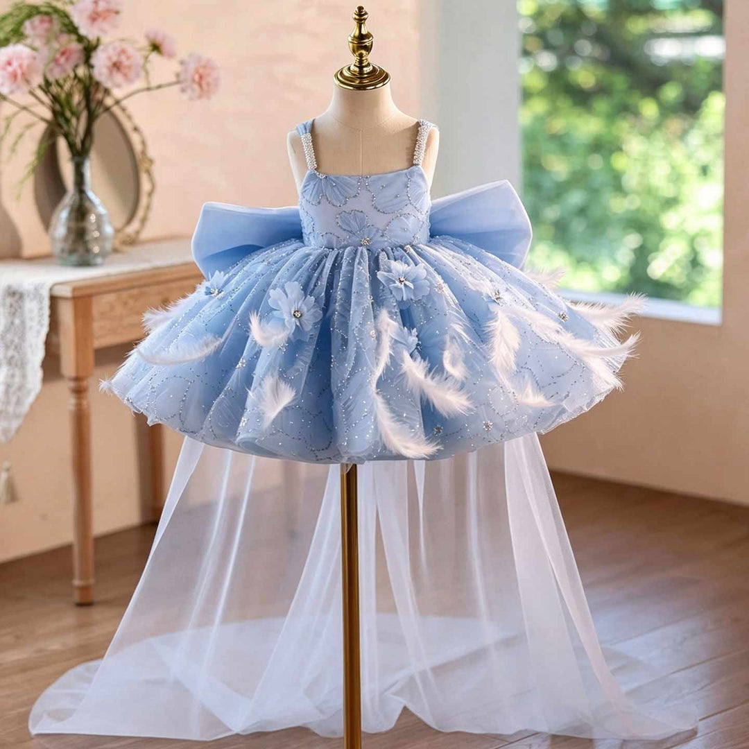 Light blue feather floral short flower girl dress J506 main view