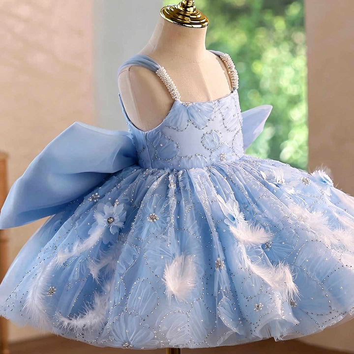 Light blue feather flower girl dress J506 skirt detail