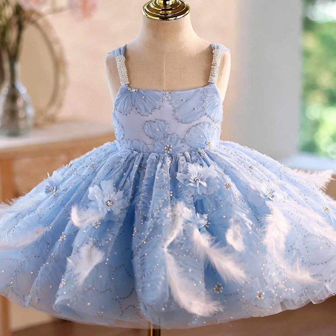 Light blue floral applique flower girl dress J506 bodice detail