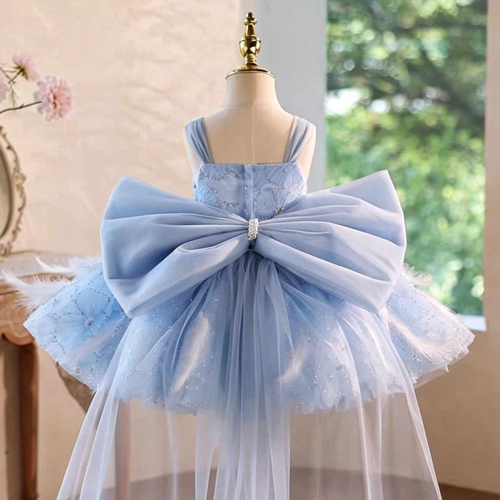 Light blue pearl strap flower girl dress J506 angle view