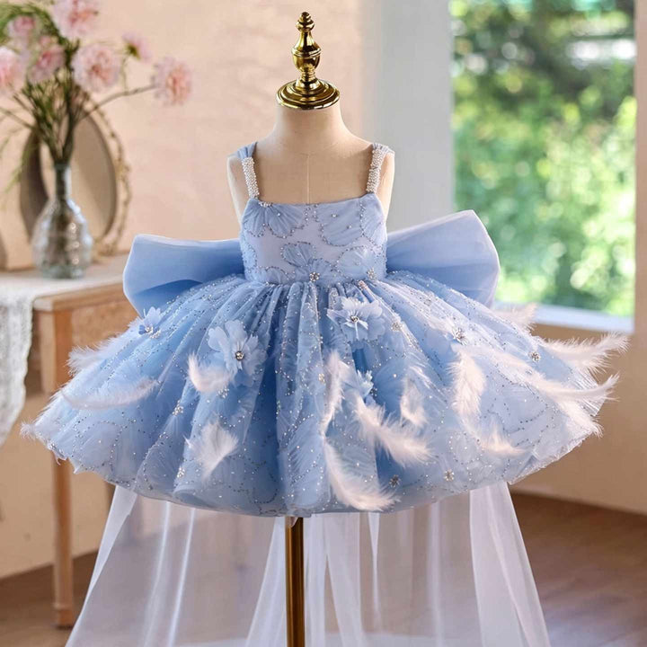 Light blue short flower girl dress J506 side view
