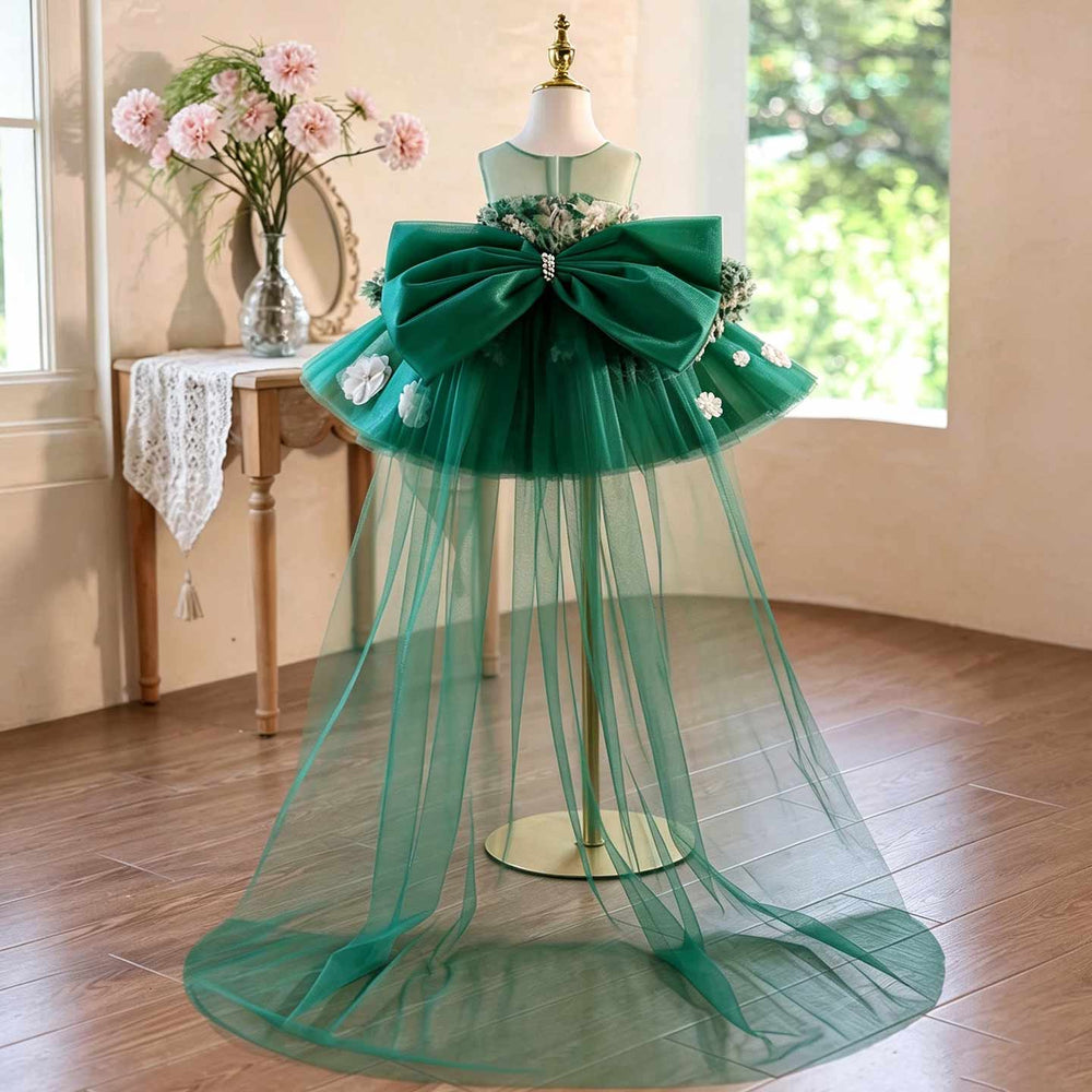 Green floral short flower girl dress J507 back view