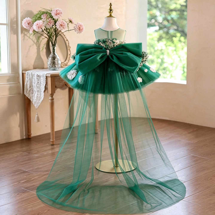 Green floral short flower girl dress J507 back view