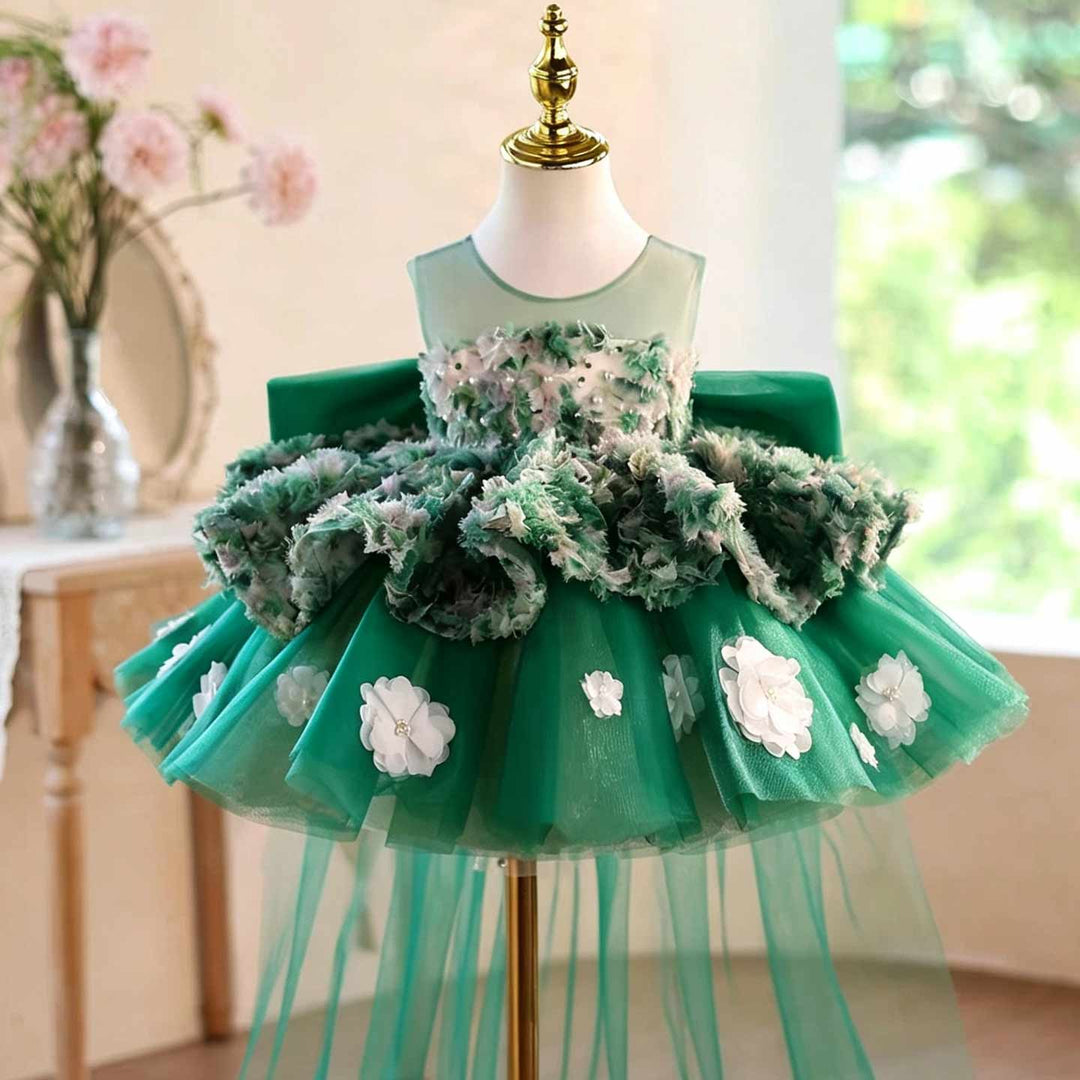 Green floral short flower girl dress J507 detail