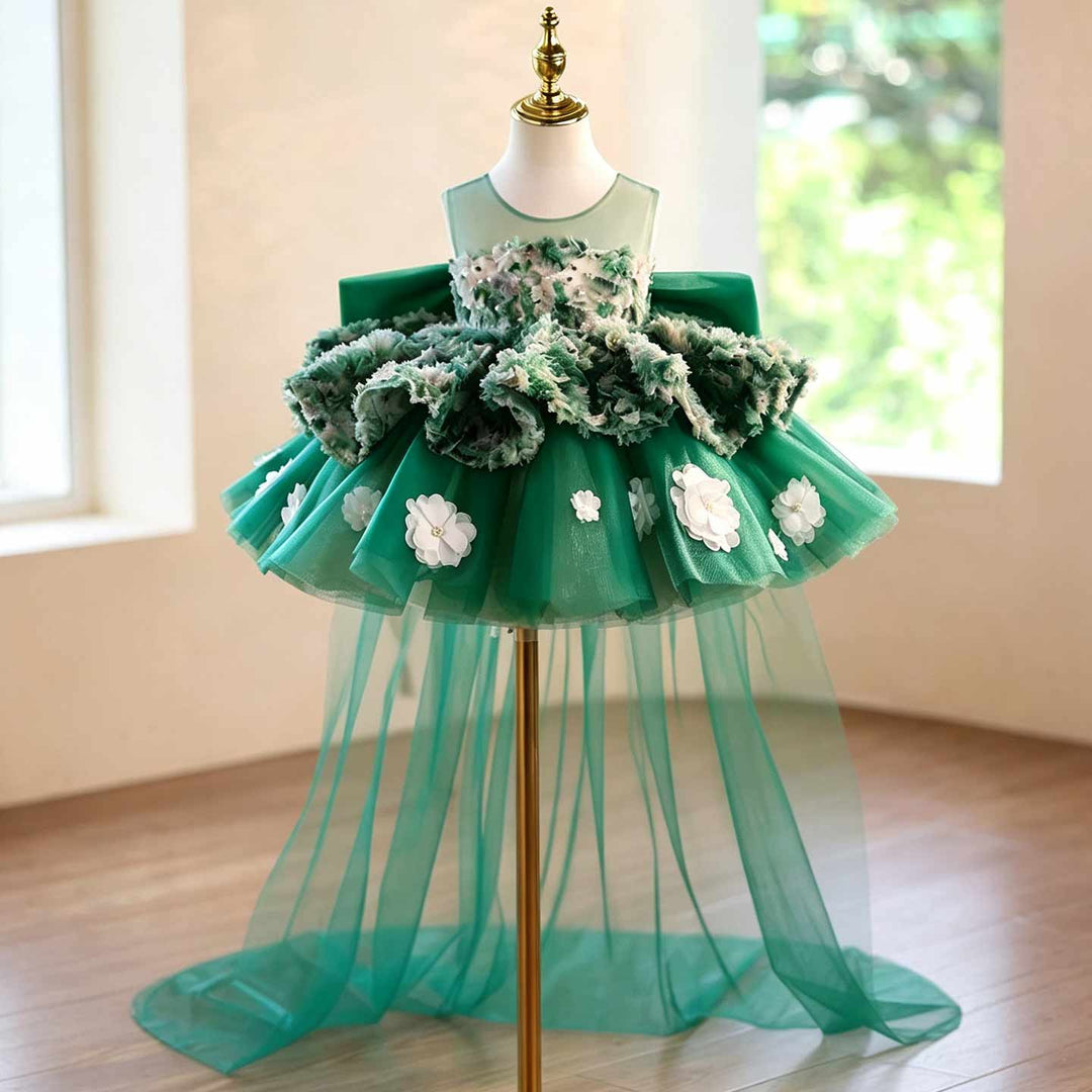 Green floral short flower girl dress J507 front view