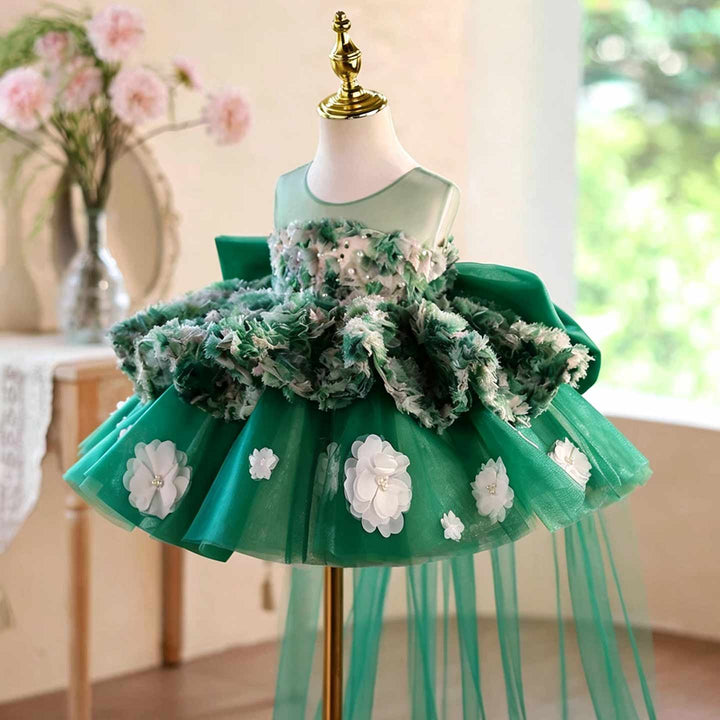 Green floral short flower girl dress J507 side view