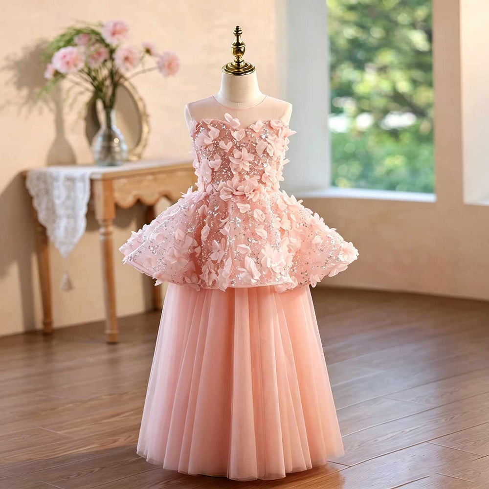 Pink floral sequin peplum girls formal dress J625, front