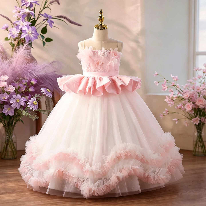 Pink floral ruffle girls pageant gown J626, front