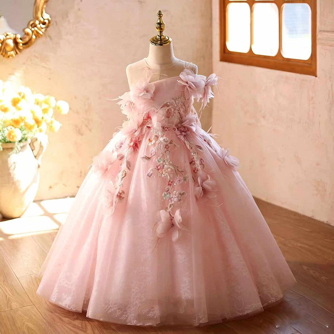 Pink 3D floral embroidered girls princess gown J627, front