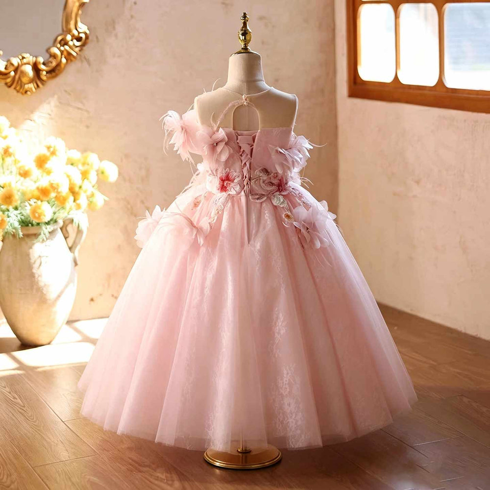 Pink 3D floral embroidered girls princess gown J627, lace up back