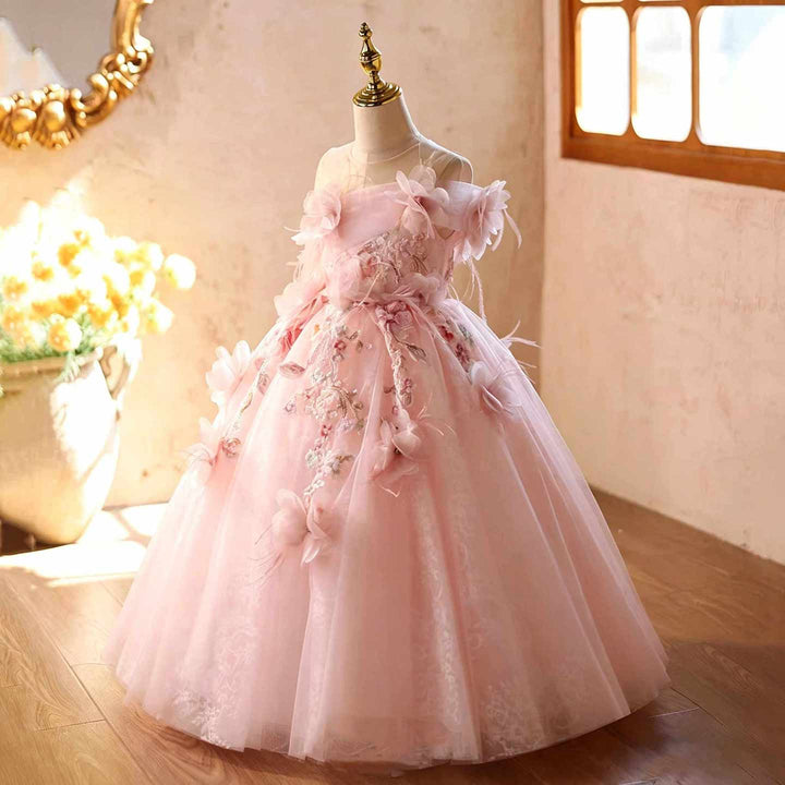 Pink 3D floral embroidered girls princess gown J627, side view