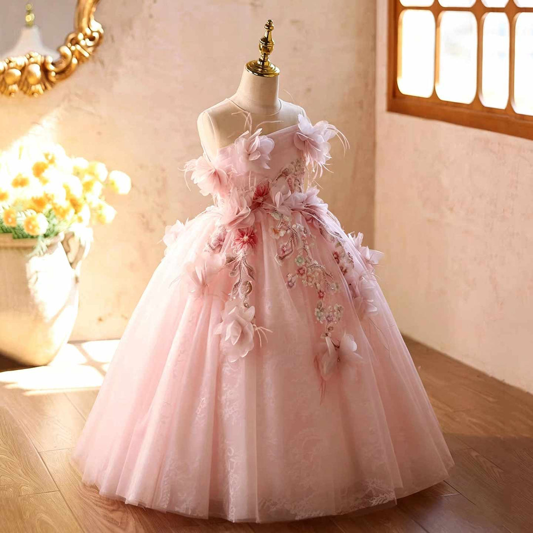 Pink 3D floral embroidered girls princess gown J627, three quarter view