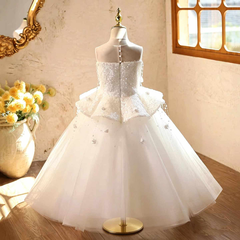 White beaded peplum girls communion gown J628, back