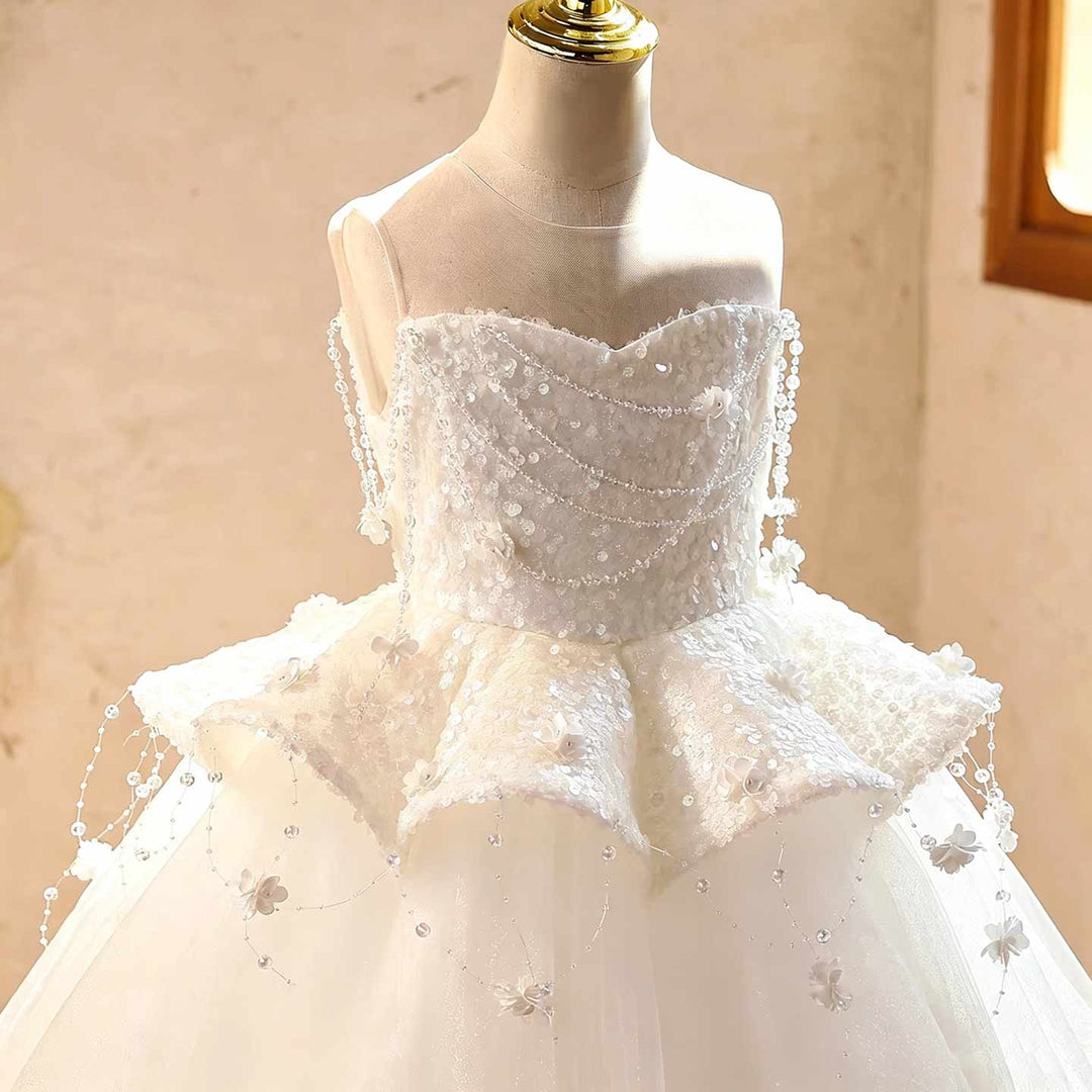 White beaded peplum girls communion gown J628, beaded bodice detail