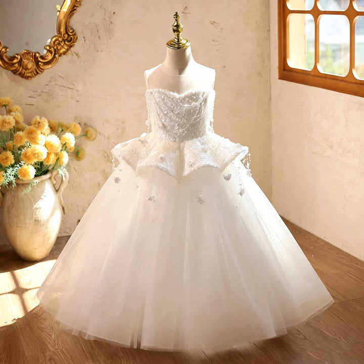 White beaded peplum girls communion gown J628, front