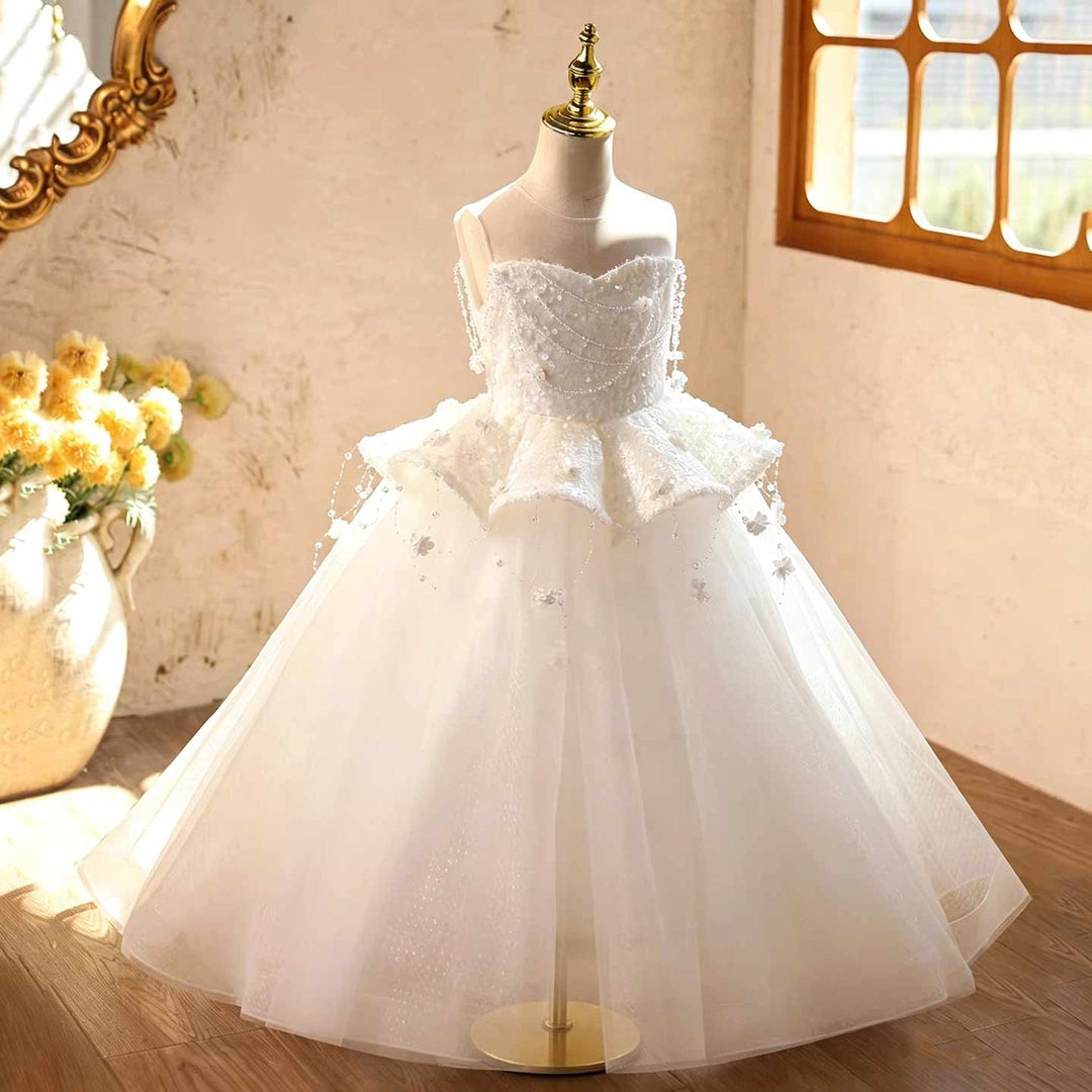 White beaded peplum girls communion gown J628, side view