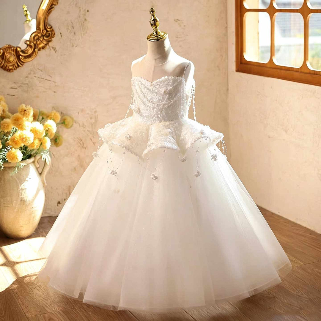 White beaded peplum girls communion gown J628, three quarter view
