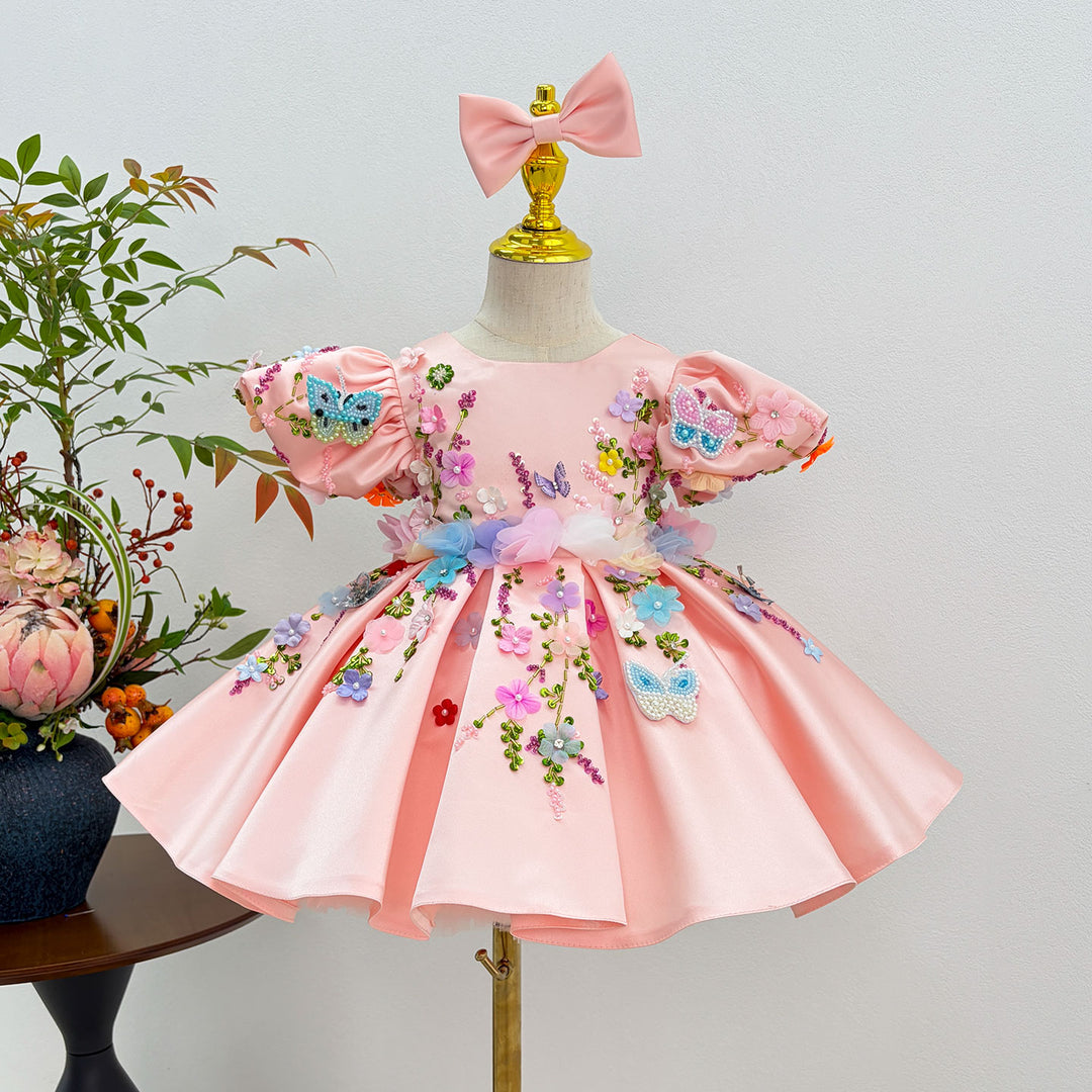 Dreamy Vow J813 Pink floral butterfly girls birthday dress, angled front
