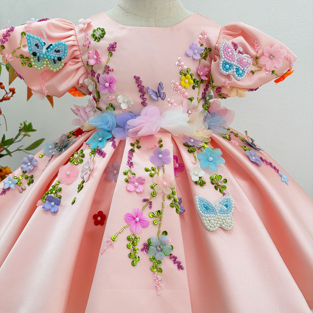 Dreamy Vow J813 Pink floral butterfly girls birthday dress, bodice detail