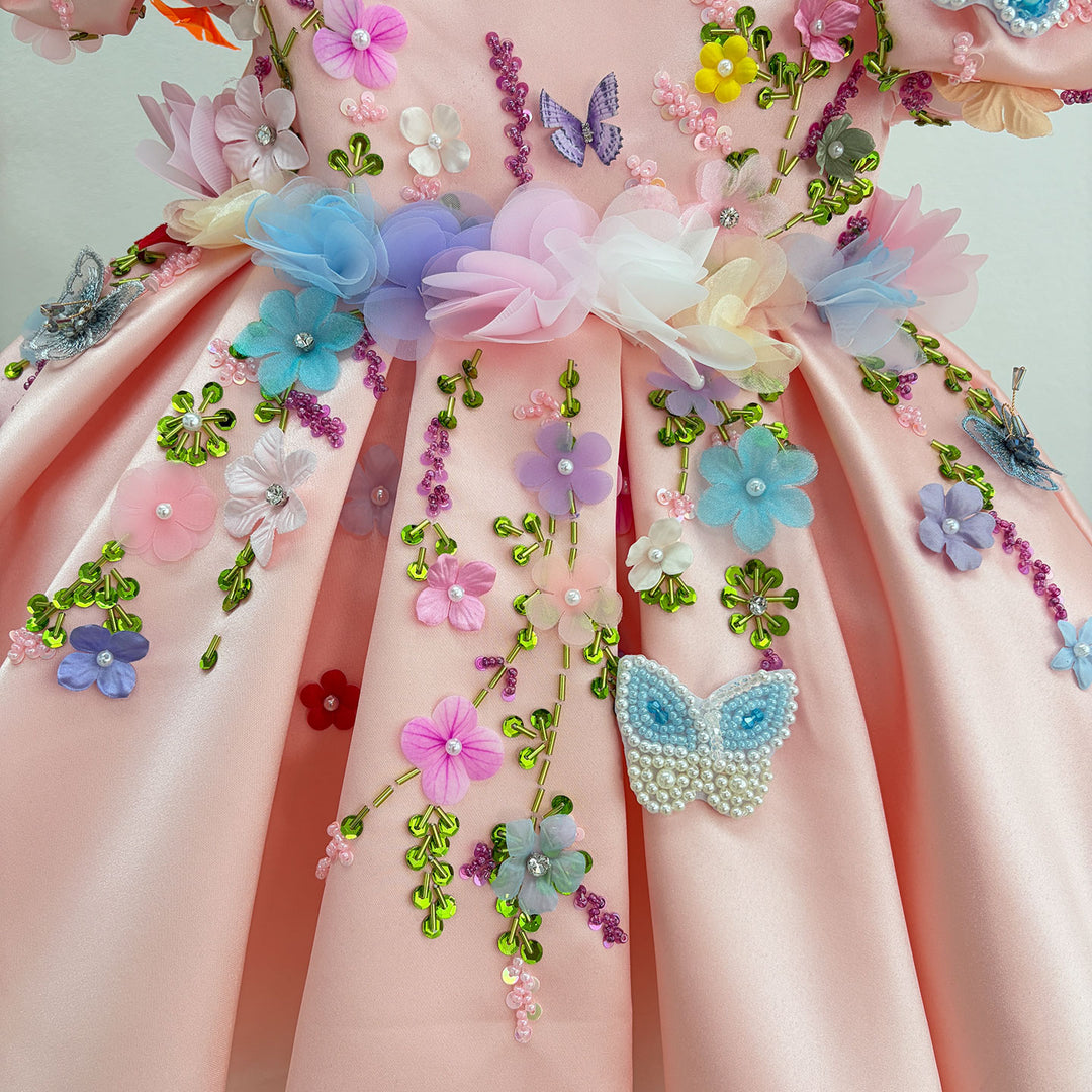 Dreamy Vow J813 Pink floral butterfly girls birthday dress, floral detail