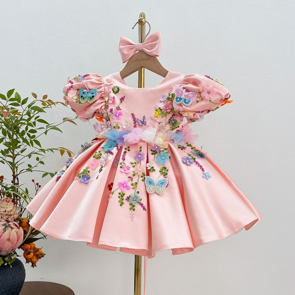 Dreamy Vow J813 Pink floral butterfly girls birthday dress, front
