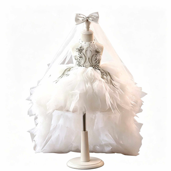 White crystal beaded high neck short flower girl dress J850 main view