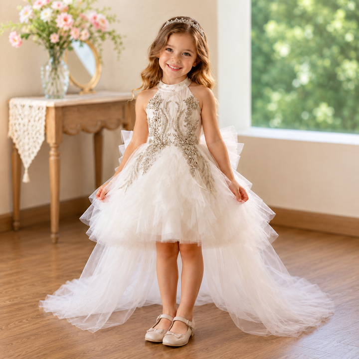 White crystal beaded high neck short flower girl dress J850 model view