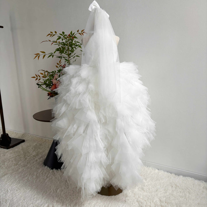 White crystal beaded high neck short flower girl dress J850 real product back