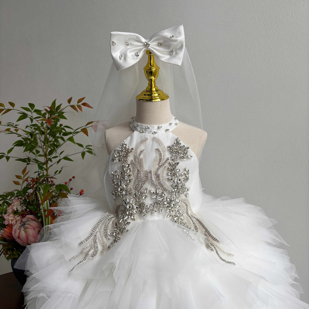 White crystal beaded high neck short flower girl dress J850 bead detail