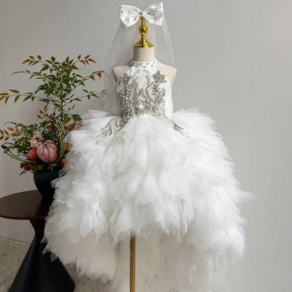 White crystal beaded high neck short flower girl dress J850 real product front