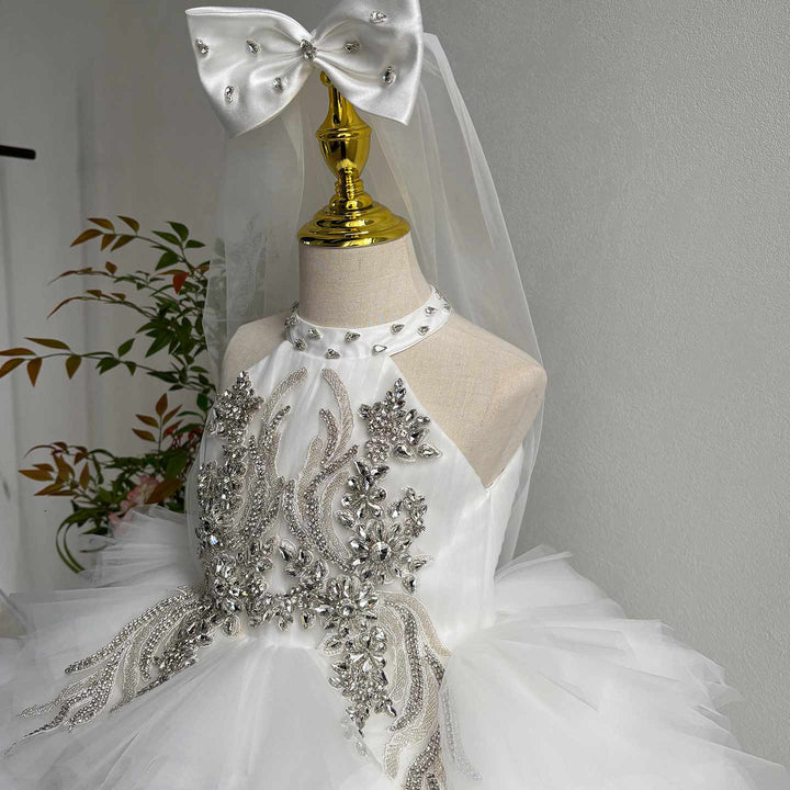 White crystal beaded high neck short flower girl dress J850 real product side