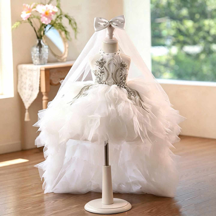 White crystal beaded high neck short flower girl dress J850 scene view