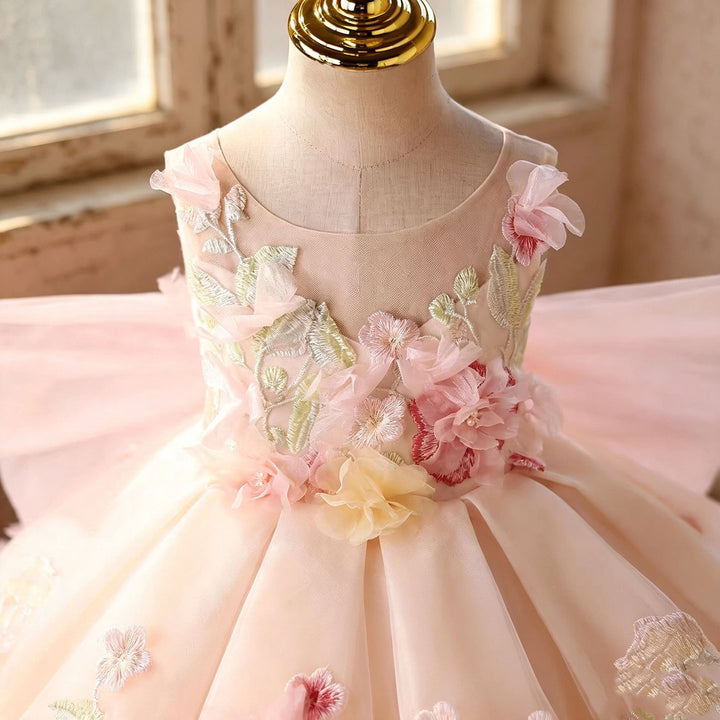 Pink floral applique short flower girl dress J854 back bow view